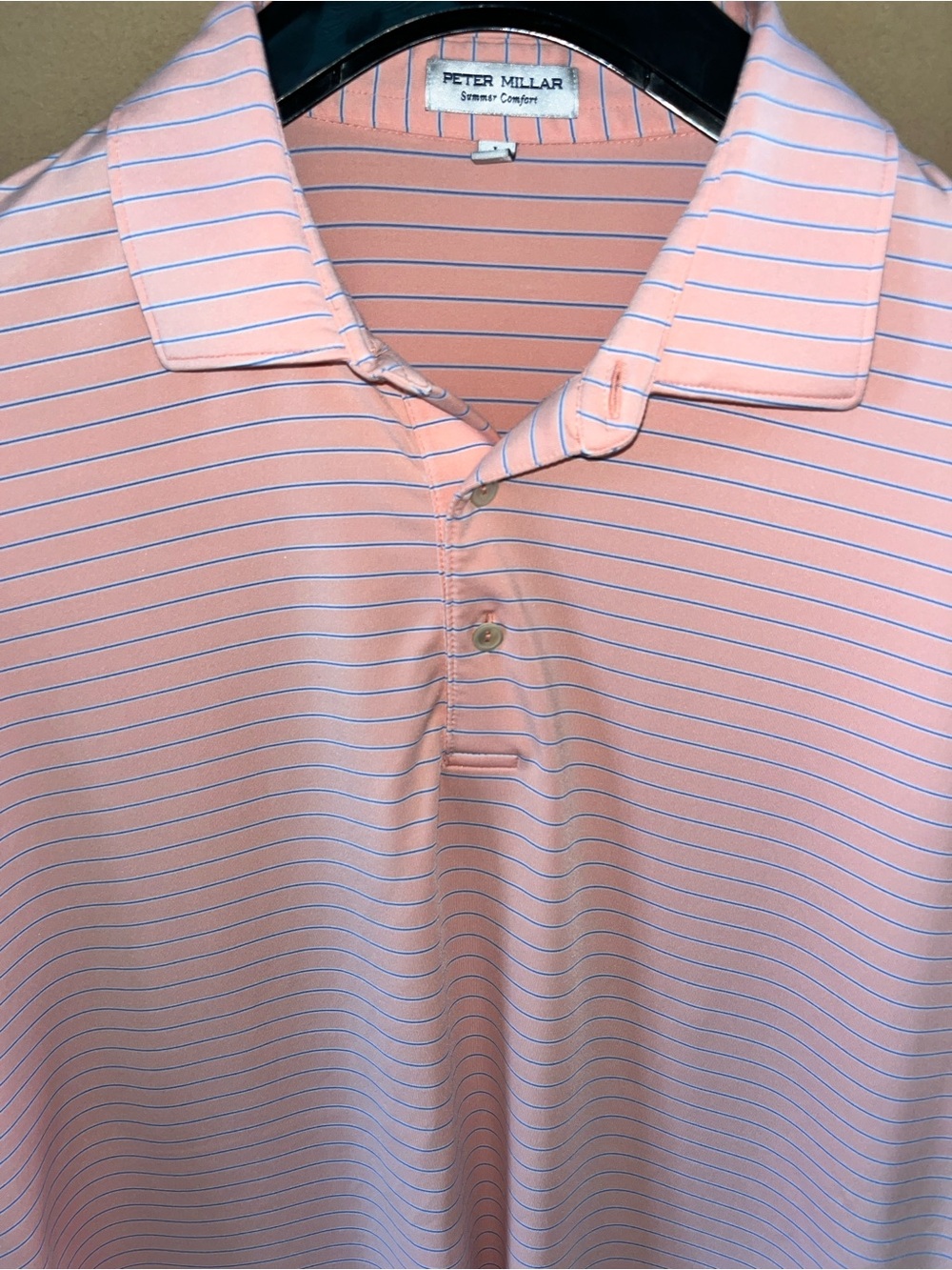 Peter Millar Summer Comfort Polo Shirt Sz Large Peach Blue Striped Great S/S